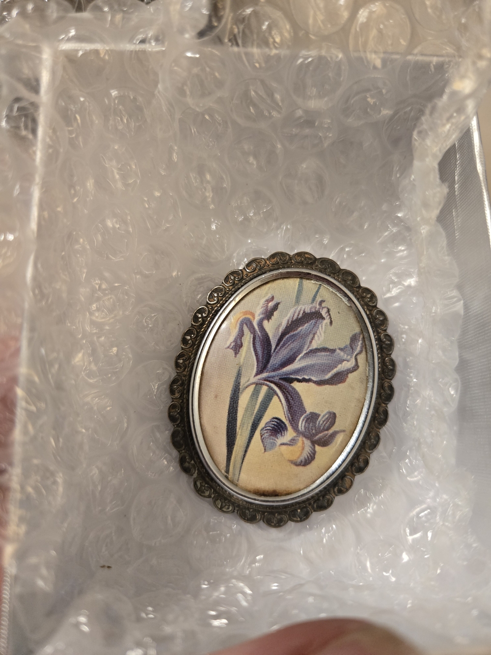 Signed TLM (Thomas L Mott) Vintage  Purple Iris Oval Brooch - Floral Enamel Pin